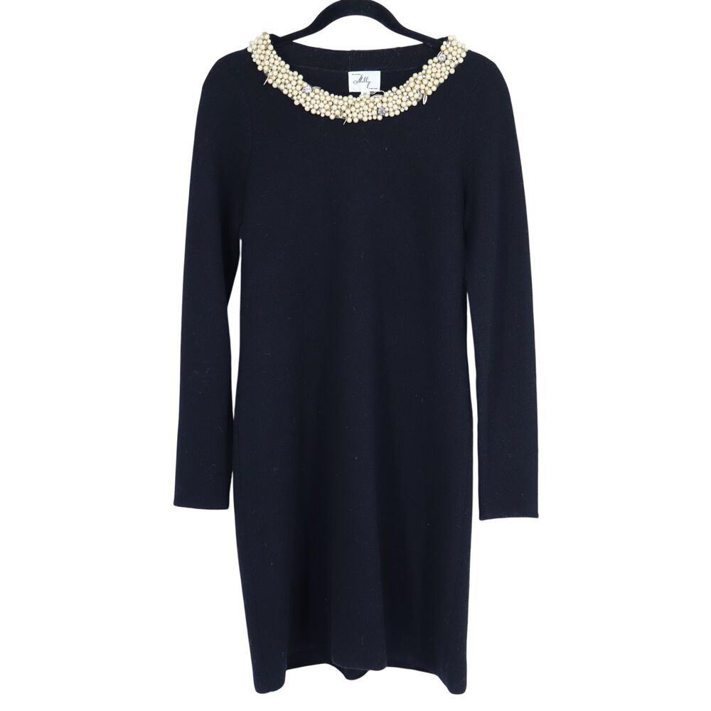 Milly Pearl Collar Sweater Dress Black Wool with Gold Feathers Women's M